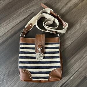 CHAPS Crossbody Shoulder Bag Purse Striped Navy Cream Canvas Vegan Leather